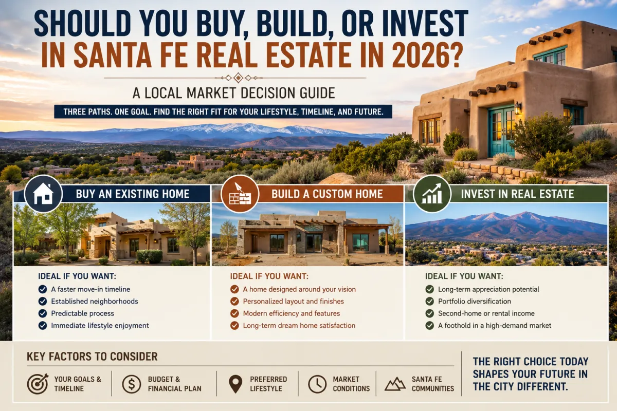 Santa Fe real estate decision guide comparing buying an existing home, building a custom home, and investing in property in 2026