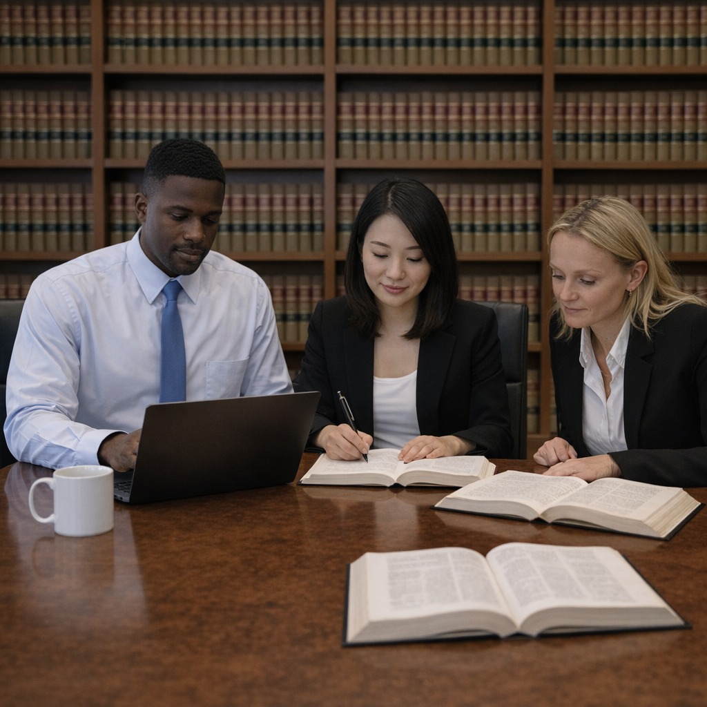 Image of three law firm staff working at a wood table on a case. There is a bookcase in the back.