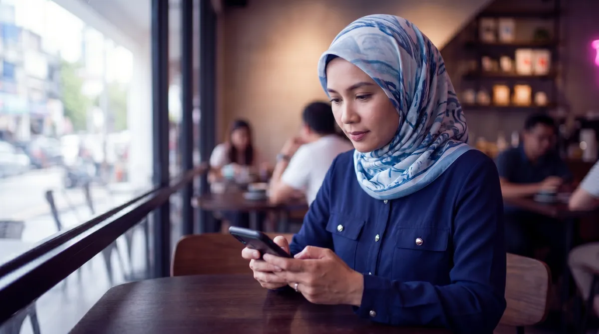 Malaysian business founder responding in a WhatsApp community group at a Petaling Jaya cafe, representing organic lead generation through consistent community engagement without paid advertising