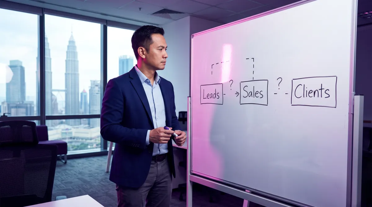 Malaysian business founder standing at a KL office whiteboard showing three disconnected revenue stages — leads, sales, and clients — representing fragmented marketing without a connected revenue system