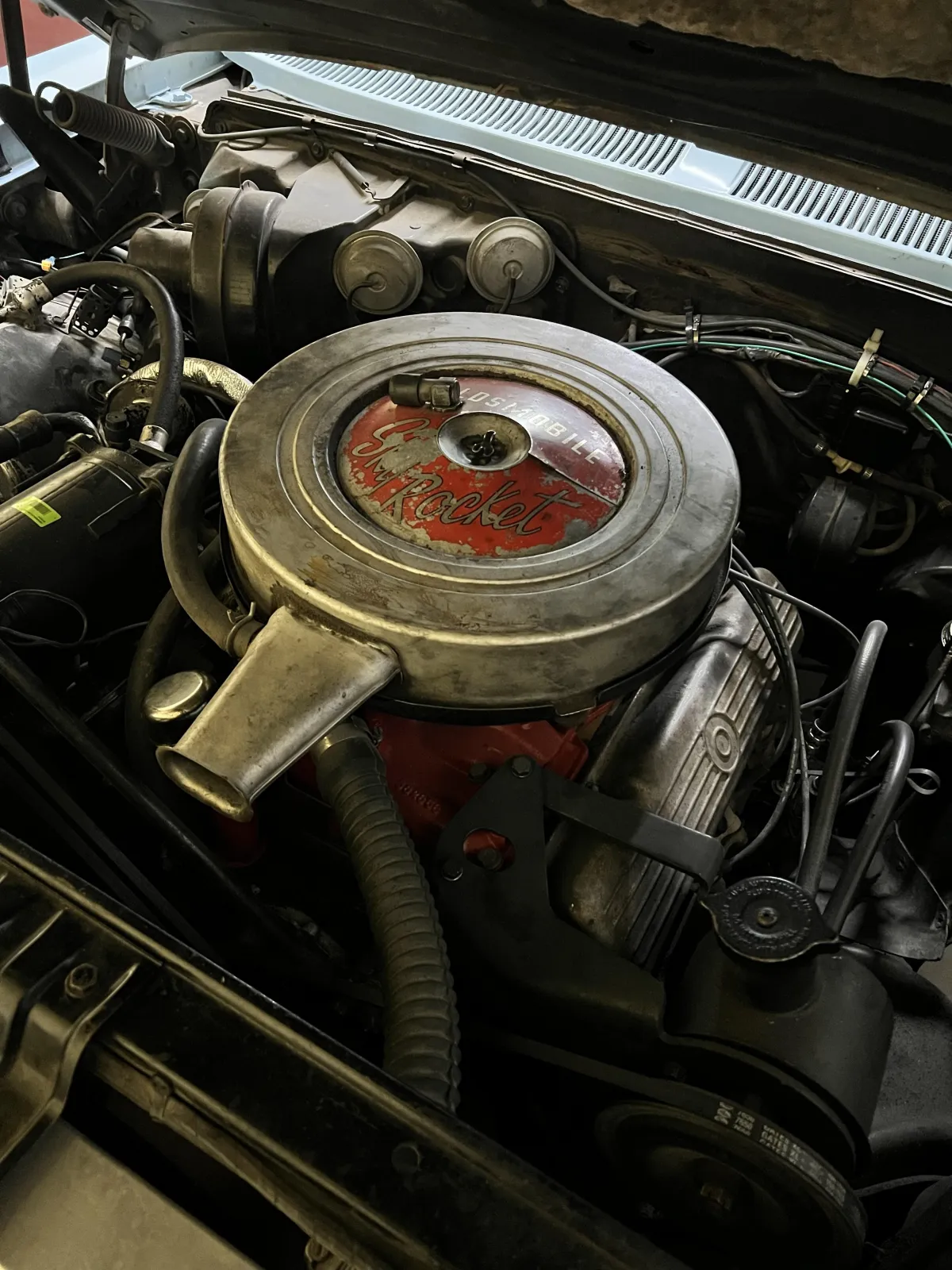 Engine bay, 1963 Olds 98