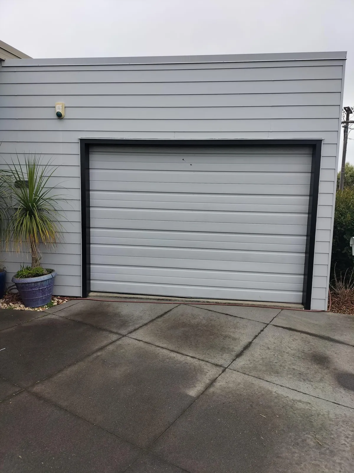 Exterior view of a newly installed modern grey sectional garage door on a single-car garage with surrounding plants and driveway.