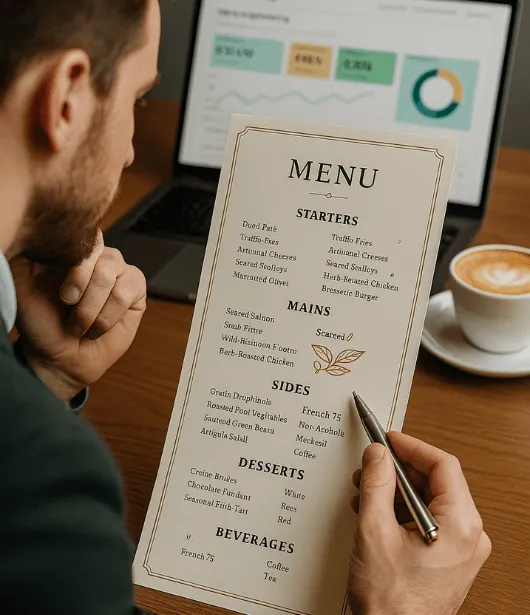 Homme analysant un menu sur son ordinateur portable tout en savourant un café au lait