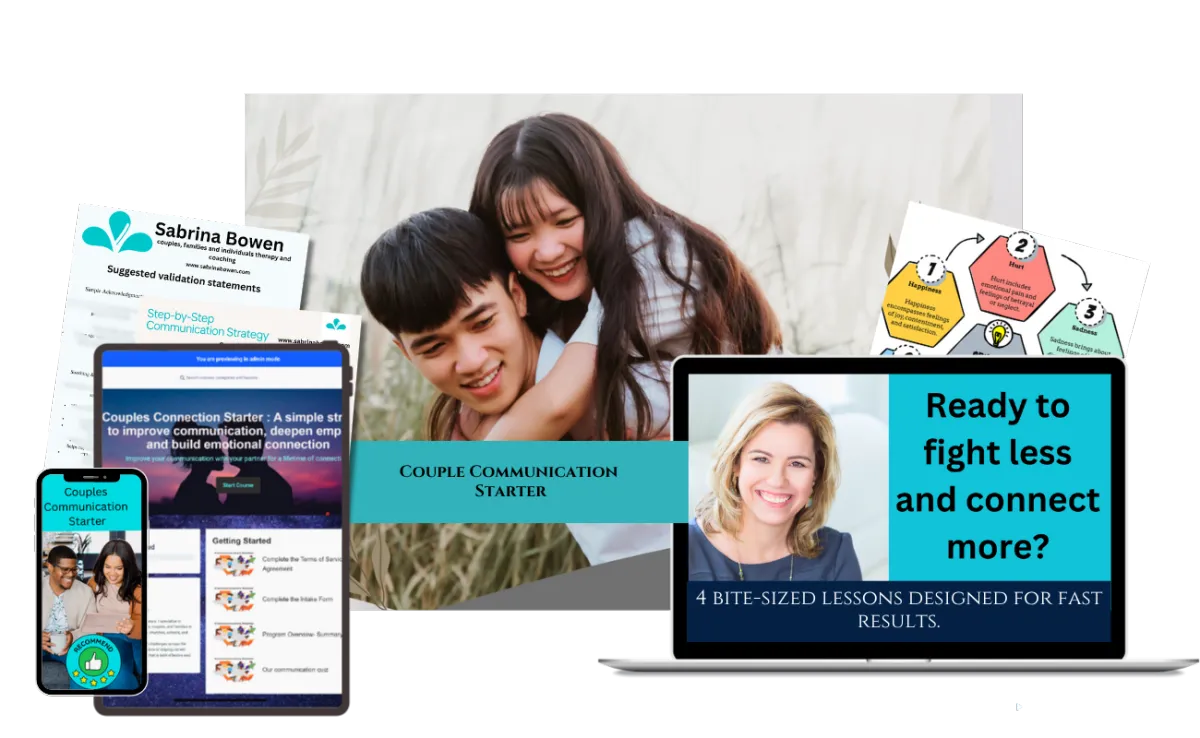 Mockup image of Sabrina Bowen’s CCS course, a four-step communication framework designed to help couples talk without spiraling into fights.