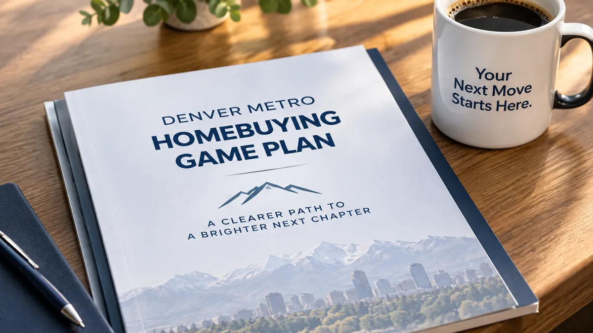 Printed Denver Metro Homebuying Game Plan on a table beside a coffee mug, representing a personalized buying strategy built before the home search.