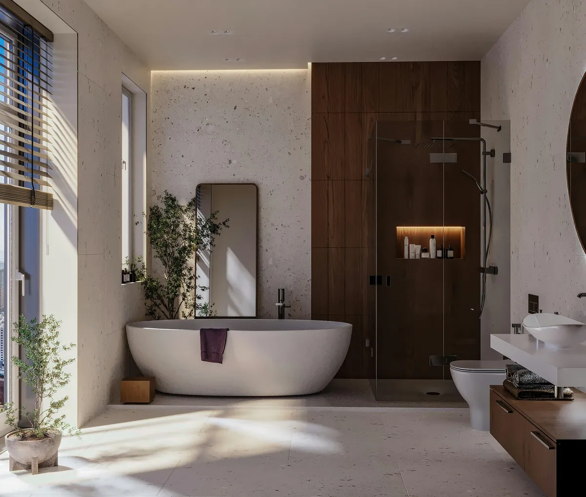 Modern bathroom with floor to ceiling tiling and wooden accents