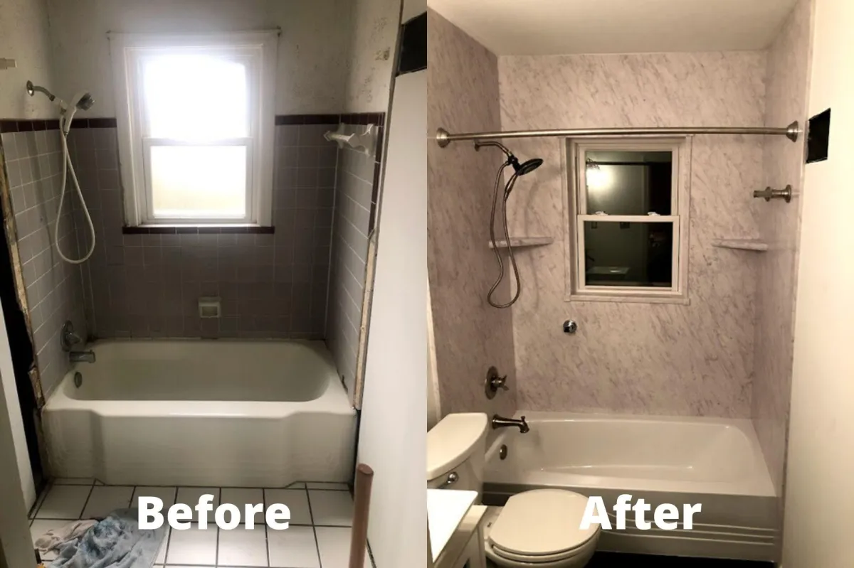 before and after of an old and dangerous bathtub turned into a new safe bathtub