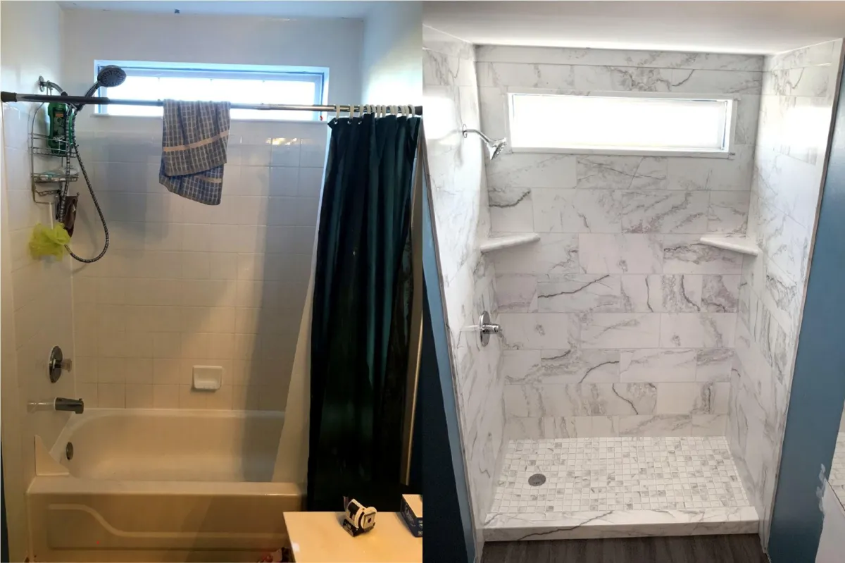 before and after of an old bathtub turned into a beautiful and safe walk in shower