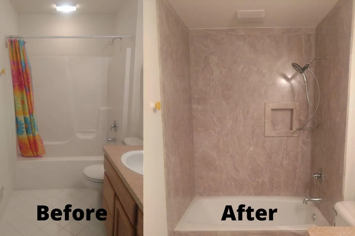 Before-and-after photo showing an outdated bathtub remodeled into a modern, beautiful new tub and shower combination.
