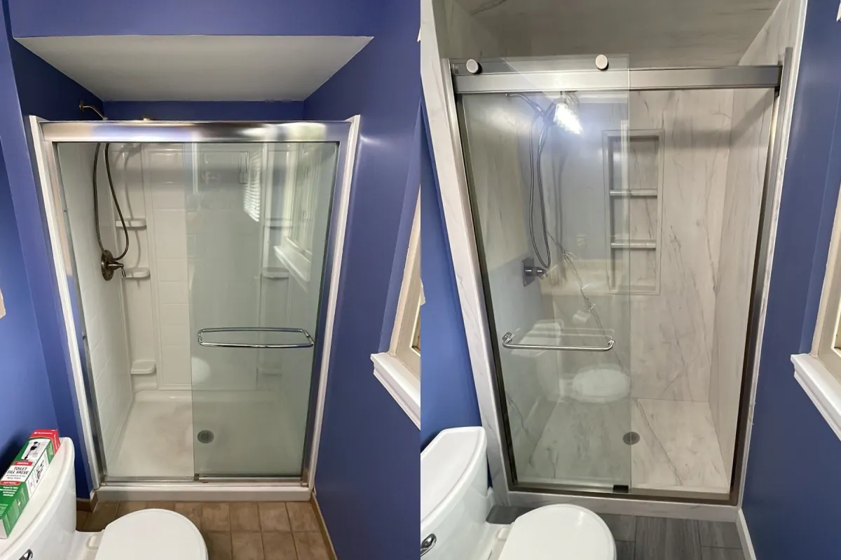 Before-and-after photo showing an outdated, unsafe bathtub converted into a modern, beautiful, and safe walk-in shower.