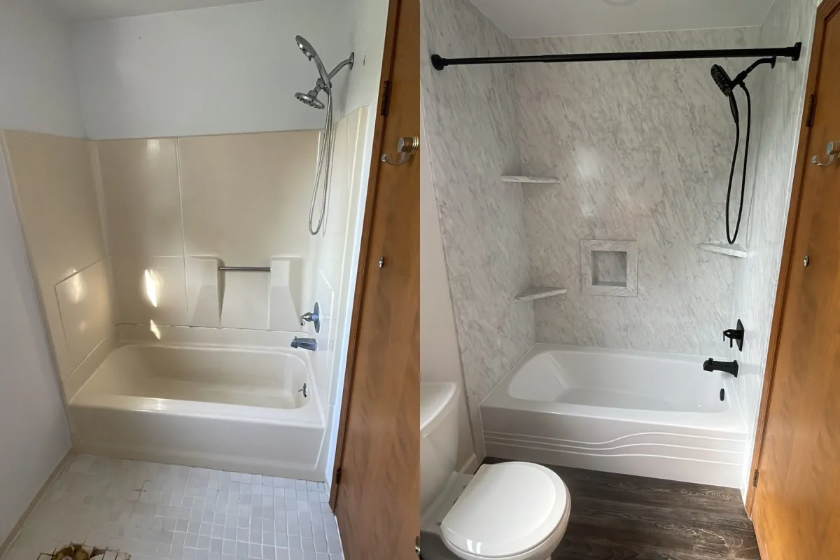 before and after of an old bathtub turned into a beautiful and safe tub and shower combo