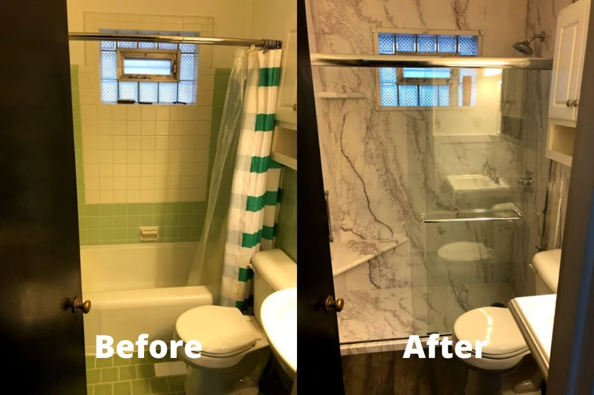 before and after of an outdated bathtub turned into a beautiful walk in shower with seat