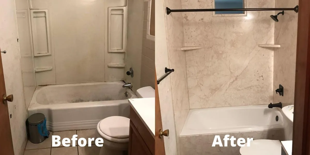 Before-and-after photo showing an outdated bathtub remodeled into a modern, beautiful new tub and shower combination.