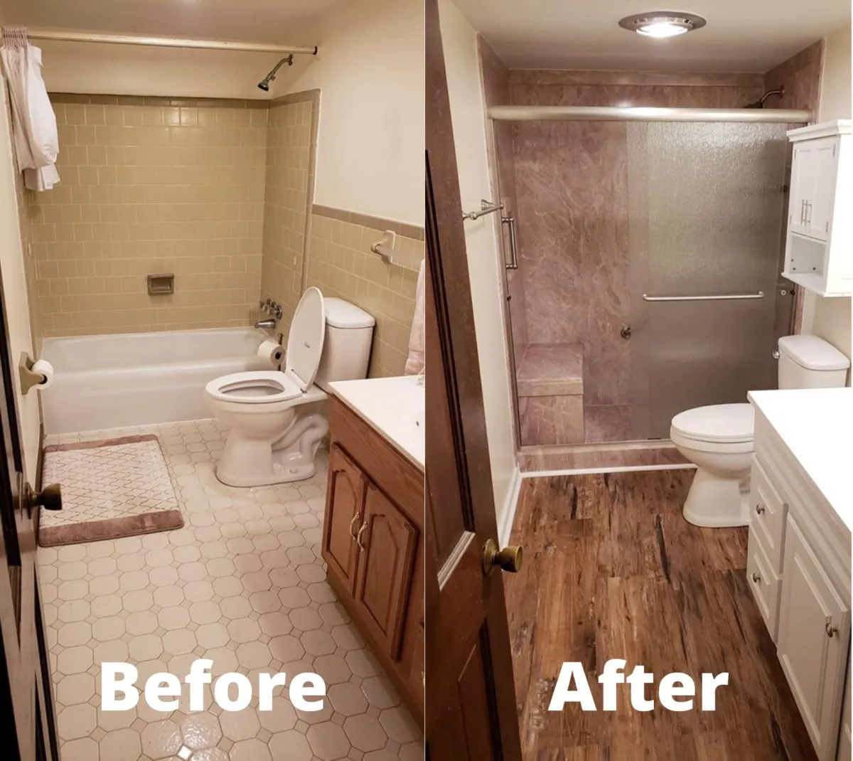 Before-and-after photo showing an outdated, unsafe bathtub converted into a modern, beautiful, and safe walk-in shower.
