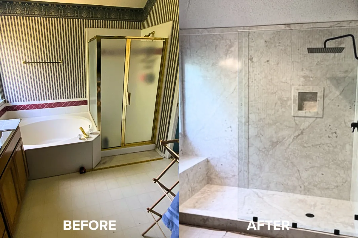 Before-and-after photo showing an outdated, unsafe bathtub converted into a modern, beautiful, and safe walk-in shower.