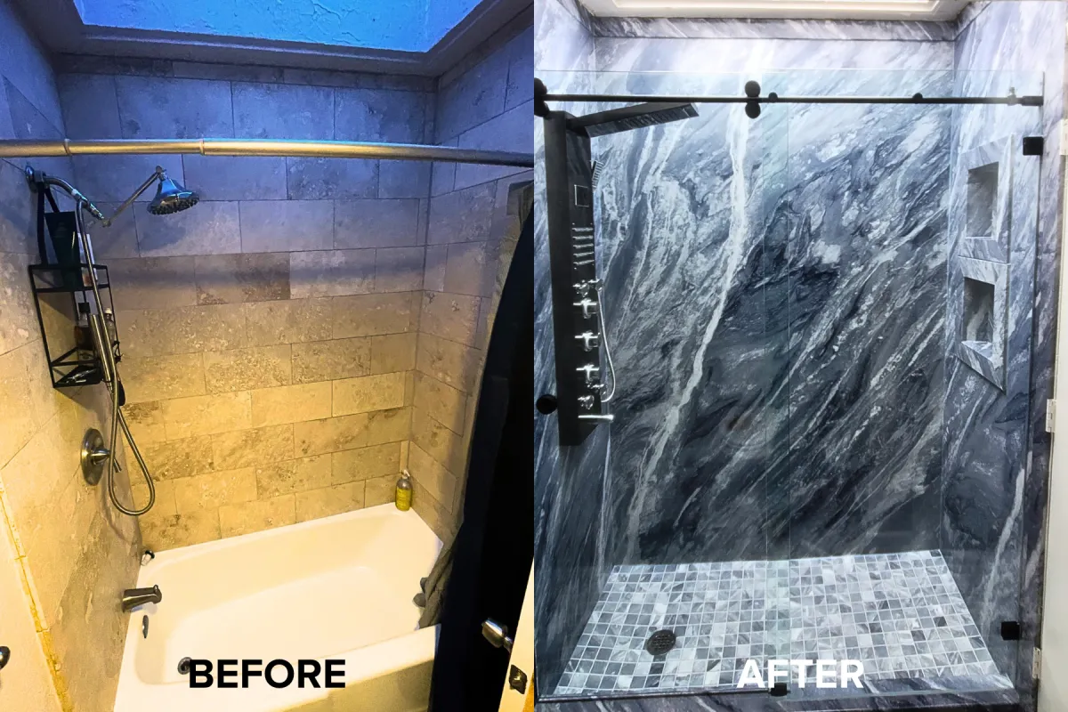 Before-and-after photo showing an outdated, unsafe bathtub converted into a modern, beautiful, and safe walk-in shower.