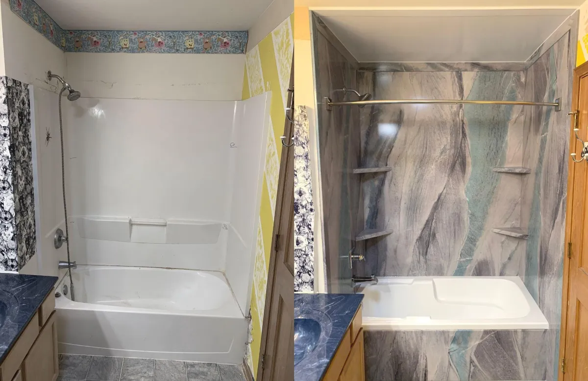 Before-and-after photo showing an outdated bathtub remodeled into a modern, beautiful new tub and shower combination.