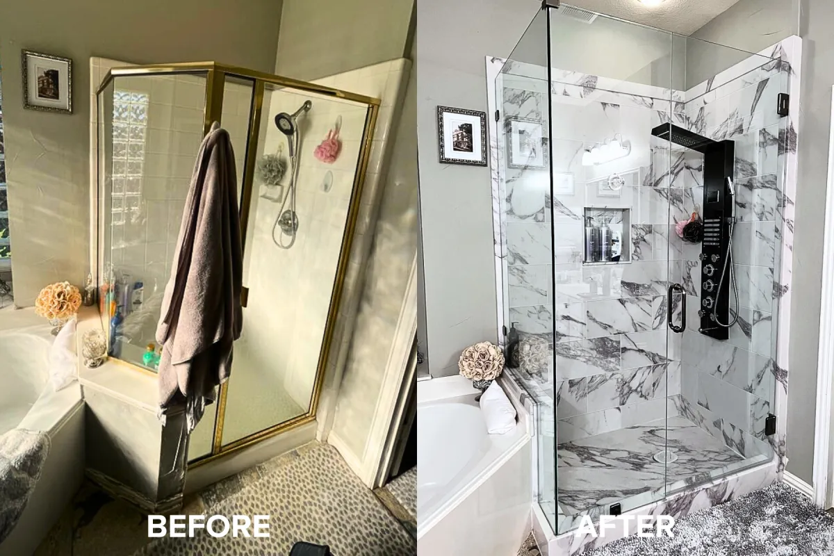 Before-and-after photo showing an old shower stall transformed into a modern, beautiful, and safe walk-in shower.