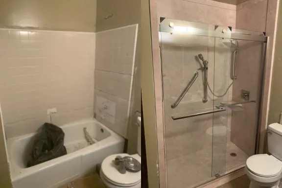 Before-and-after photo showing an outdated, unsafe bathtub converted into a modern, beautiful, and safe walk-in shower.