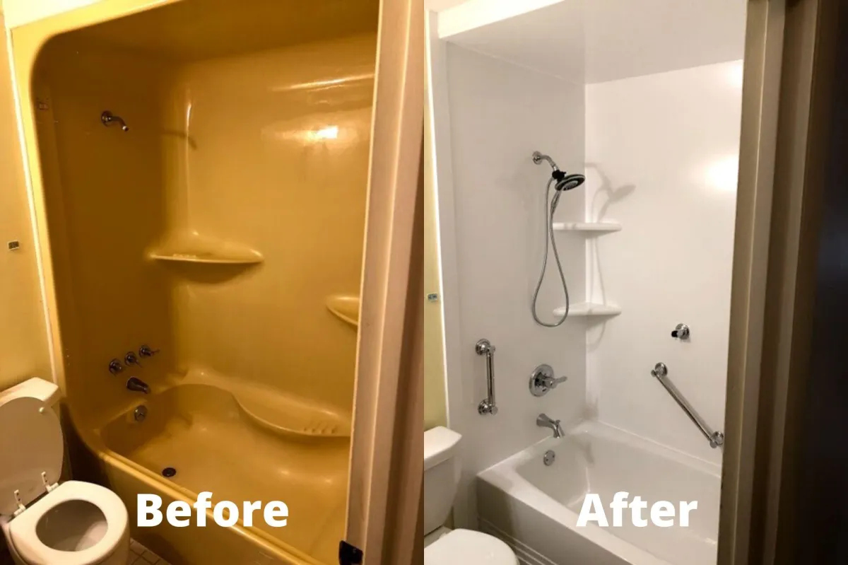 Before-and-after photo showing an old shower stall transformed into a modern, beautiful, and safe walk-in shower.