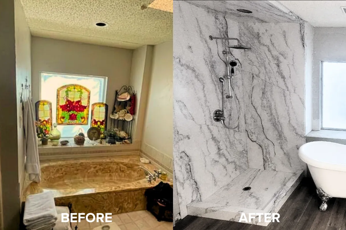 Before-and-after photo showing an outdated, unsafe bathtub converted into a modern, beautiful, and safe walk-in shower.
