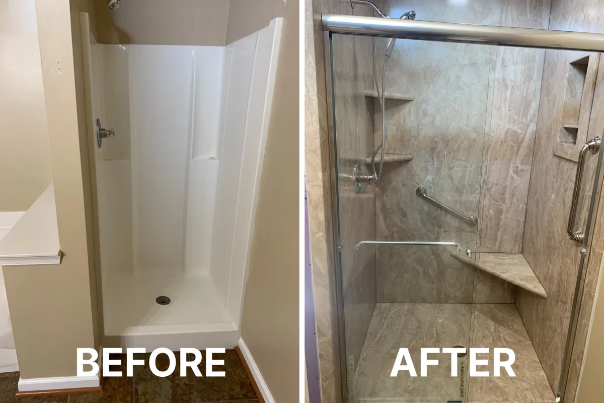Before-and-after photo showing an old shower stall transformed into a modern, beautiful, and safe walk-in shower.
