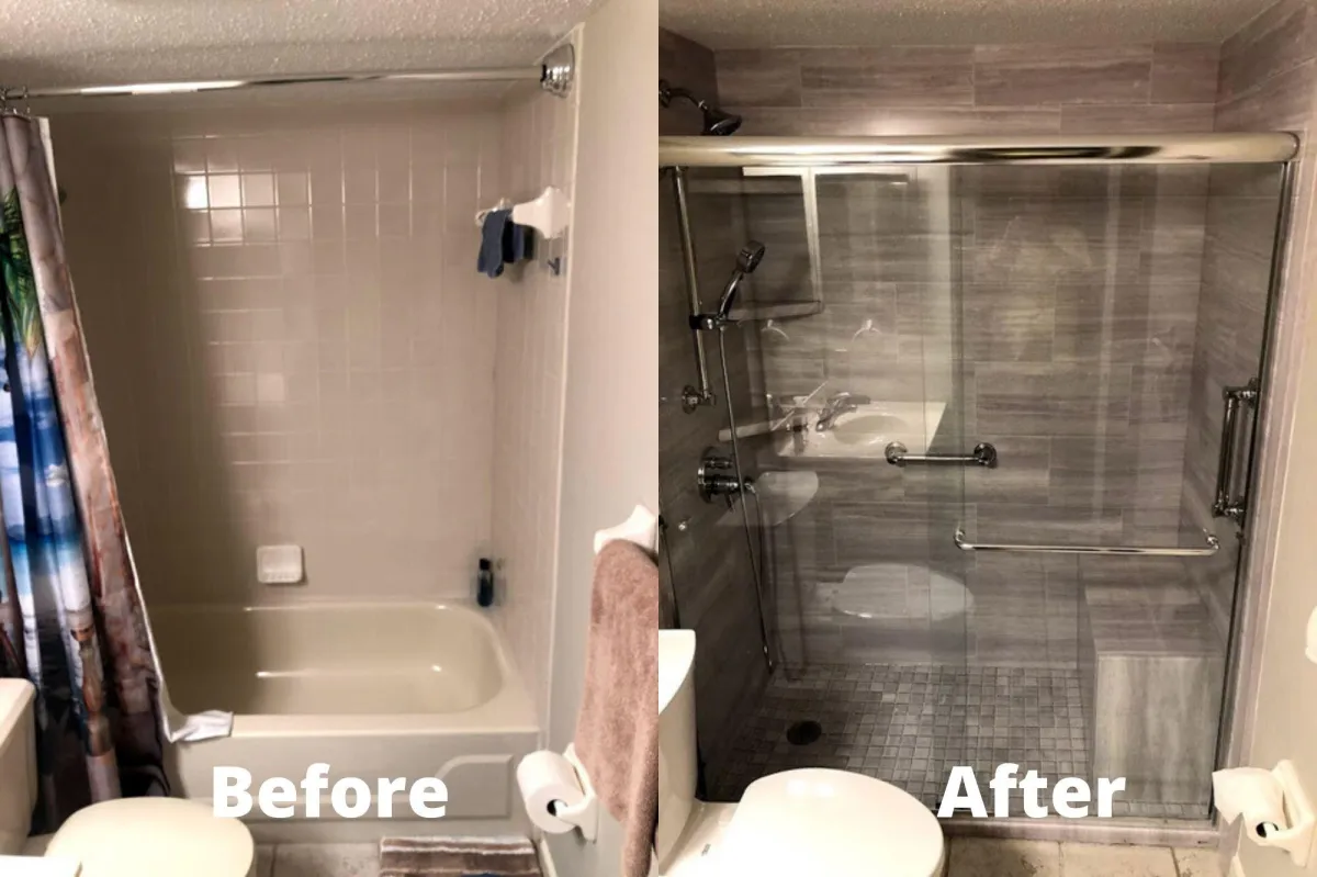 Before-and-after photo showing an outdated, unsafe bathtub converted into a modern, beautiful, and safe walk-in shower.