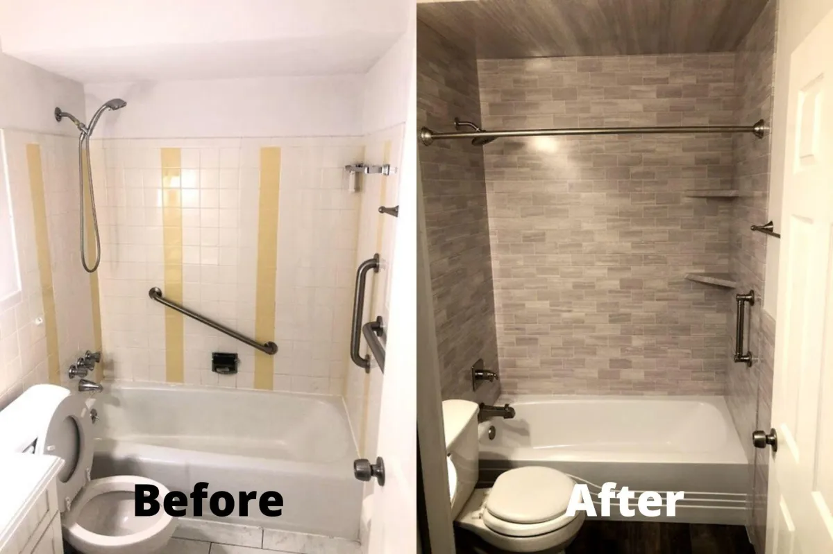 Before-and-after photo showing an outdated bathtub remodeled into a modern, beautiful new tub and shower combination.