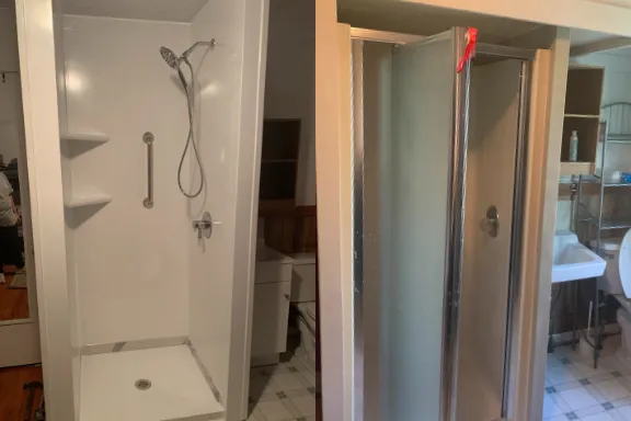 Before-and-after photo showing an old shower stall transformed into a modern, beautiful, and safe walk-in shower.