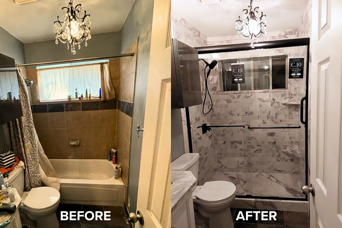 Before-and-after photo showing an outdated, unsafe bathtub converted into a modern, beautiful, and safe walk-in shower.