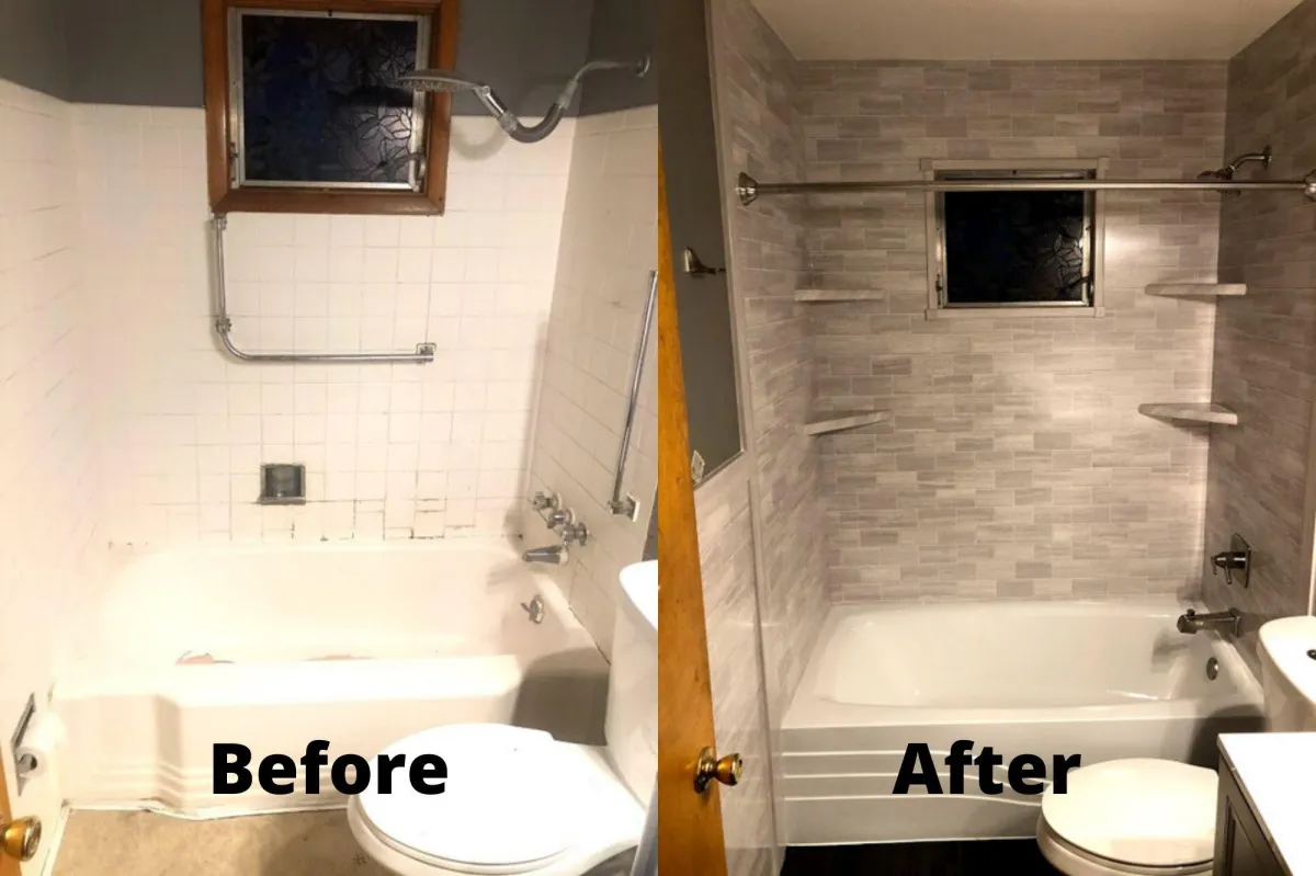 Before-and-after photo showing an outdated bathtub remodeled into a modern, beautiful new tub and shower combination.