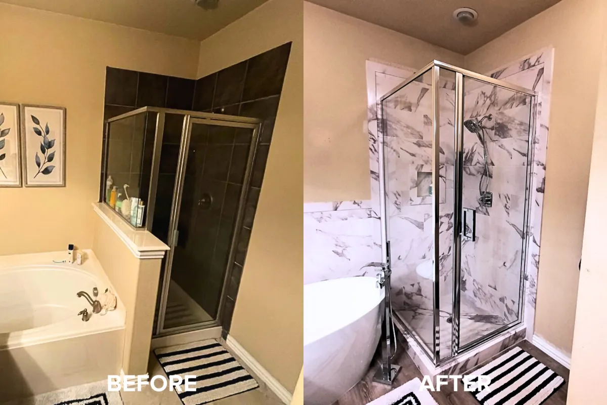 Before-and-after photo showing an old shower stall transformed into a modern, beautiful, and safe walk-in shower.