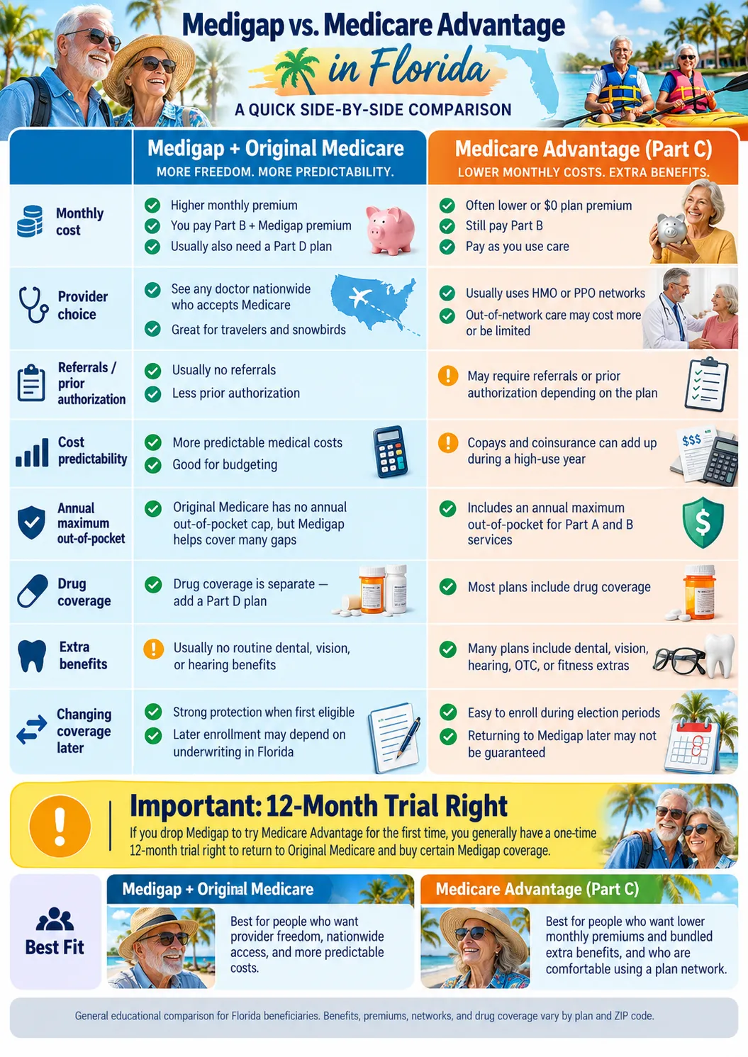 Medicare Supplement (Medigap) vs. Medicare Advantage comparison chart showing coverage, costs, provider access, and prescription drug benefits in Florida