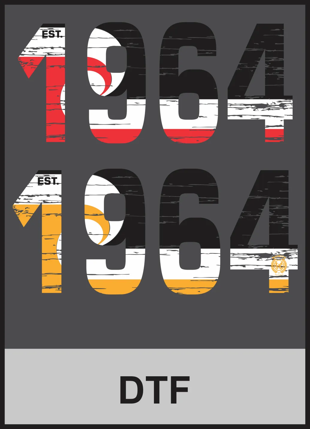 Two distressed “1964” number designs in red, white, black and gold colourways