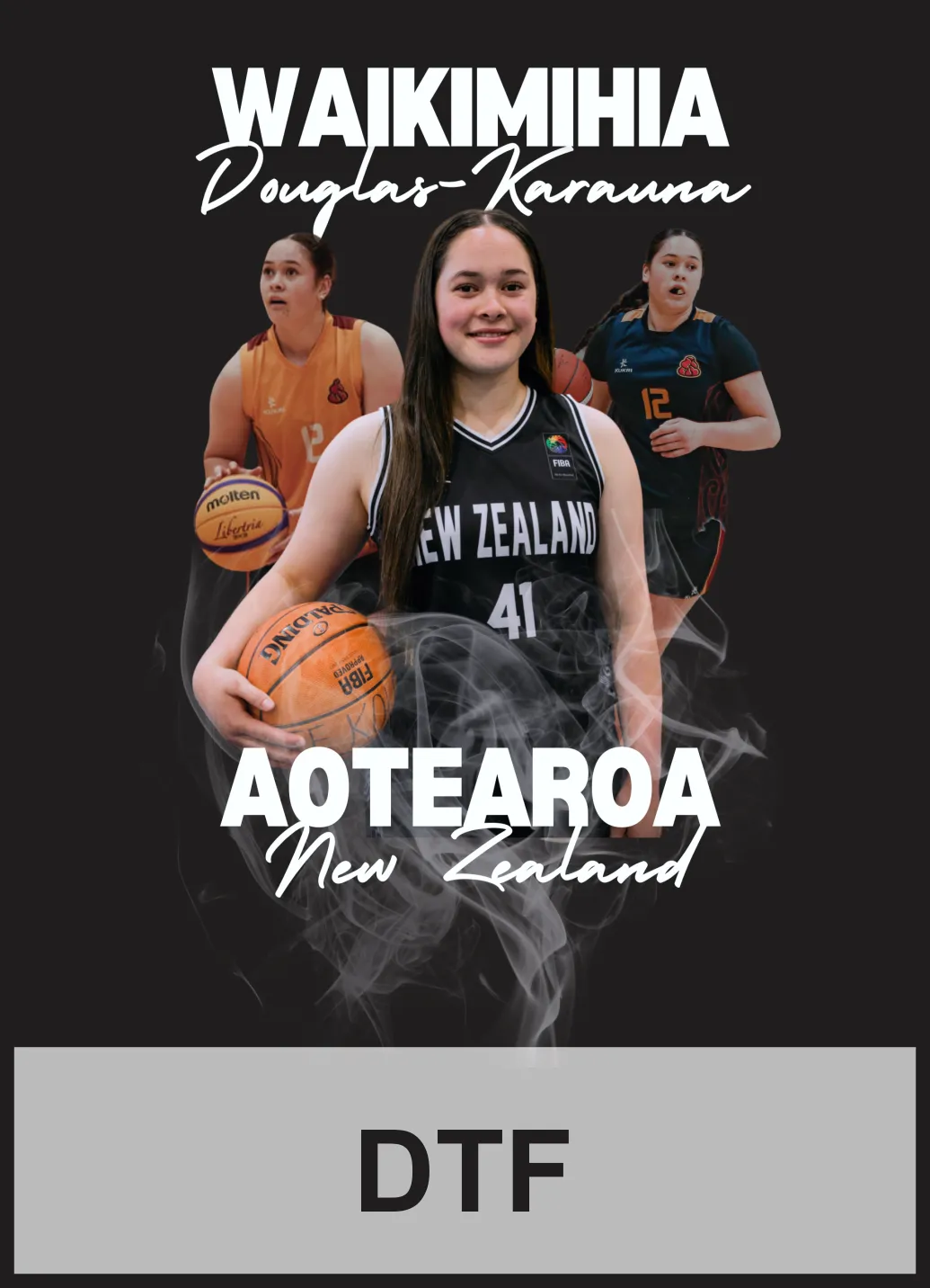 Basketball tribute design featuring a player in New Zealand uniform with Waikimihia Douglas-Karauna and Aotearoa New Zealand text