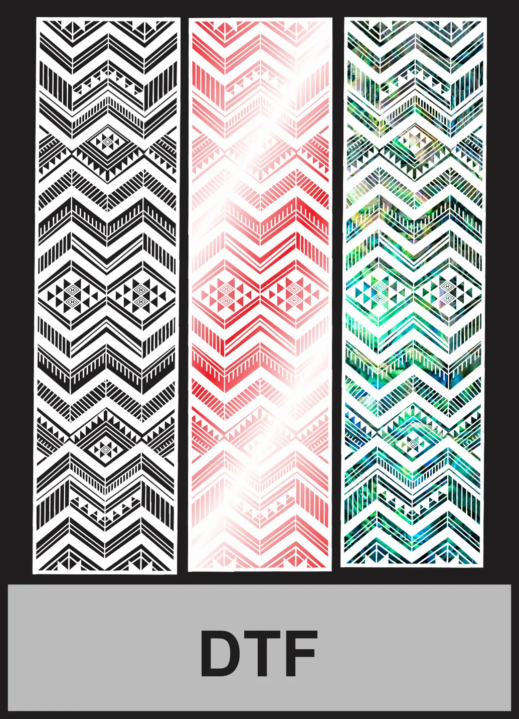 Three tall geometric pattern panels in black, red gradient and multicolour finishes