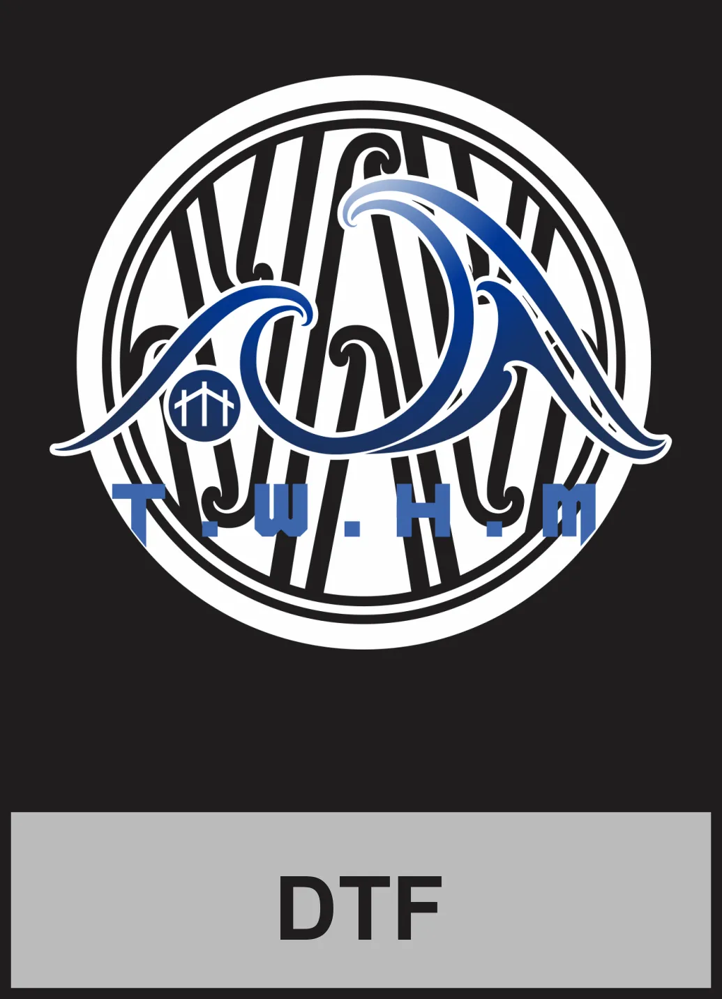 Circular black, white and blue emblem with wave-like forms and T.W.H.M lettering