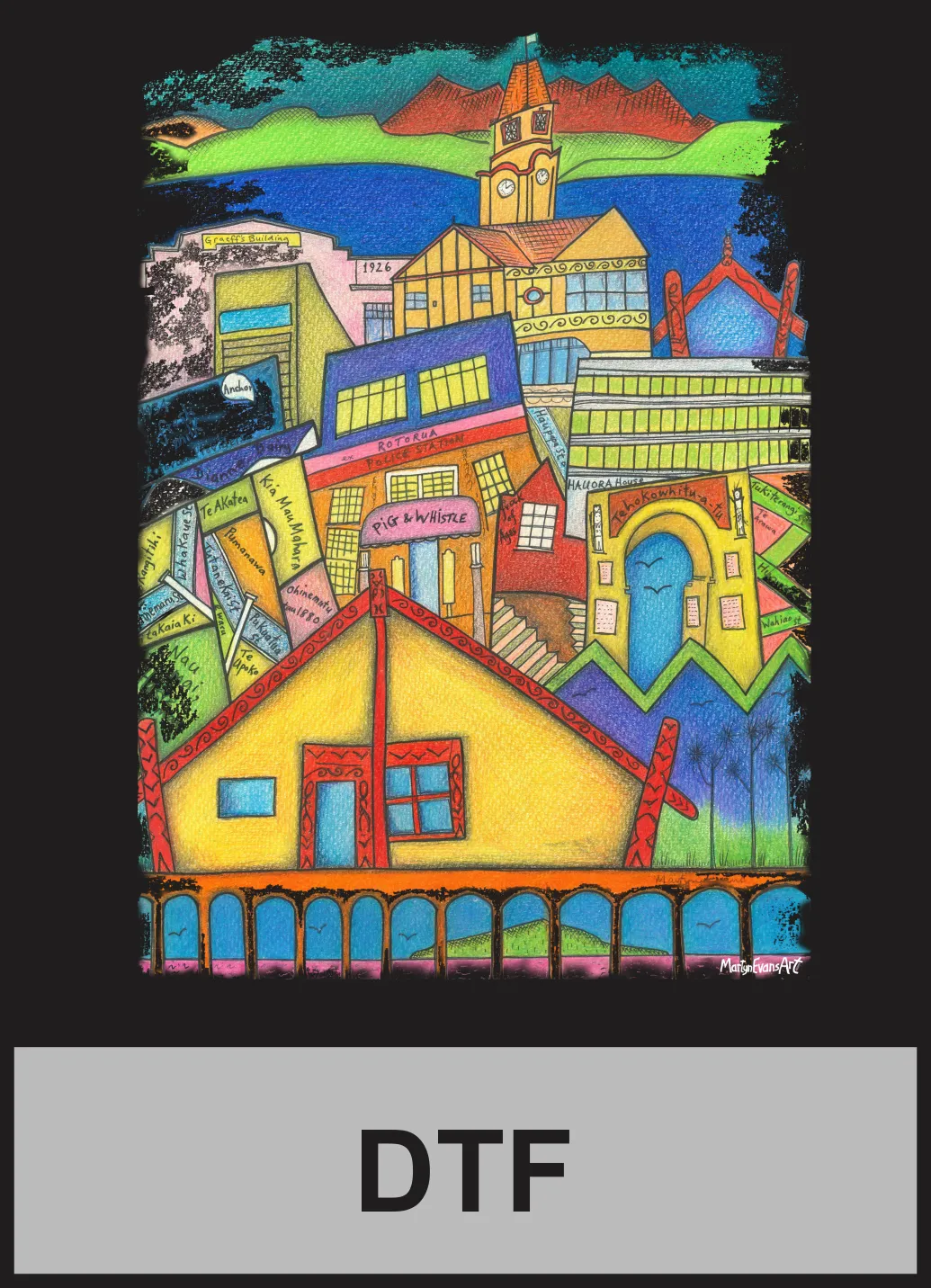 Colourful illustrated Rotorua cityscape featuring local buildings, landmarks and Māori architectural details