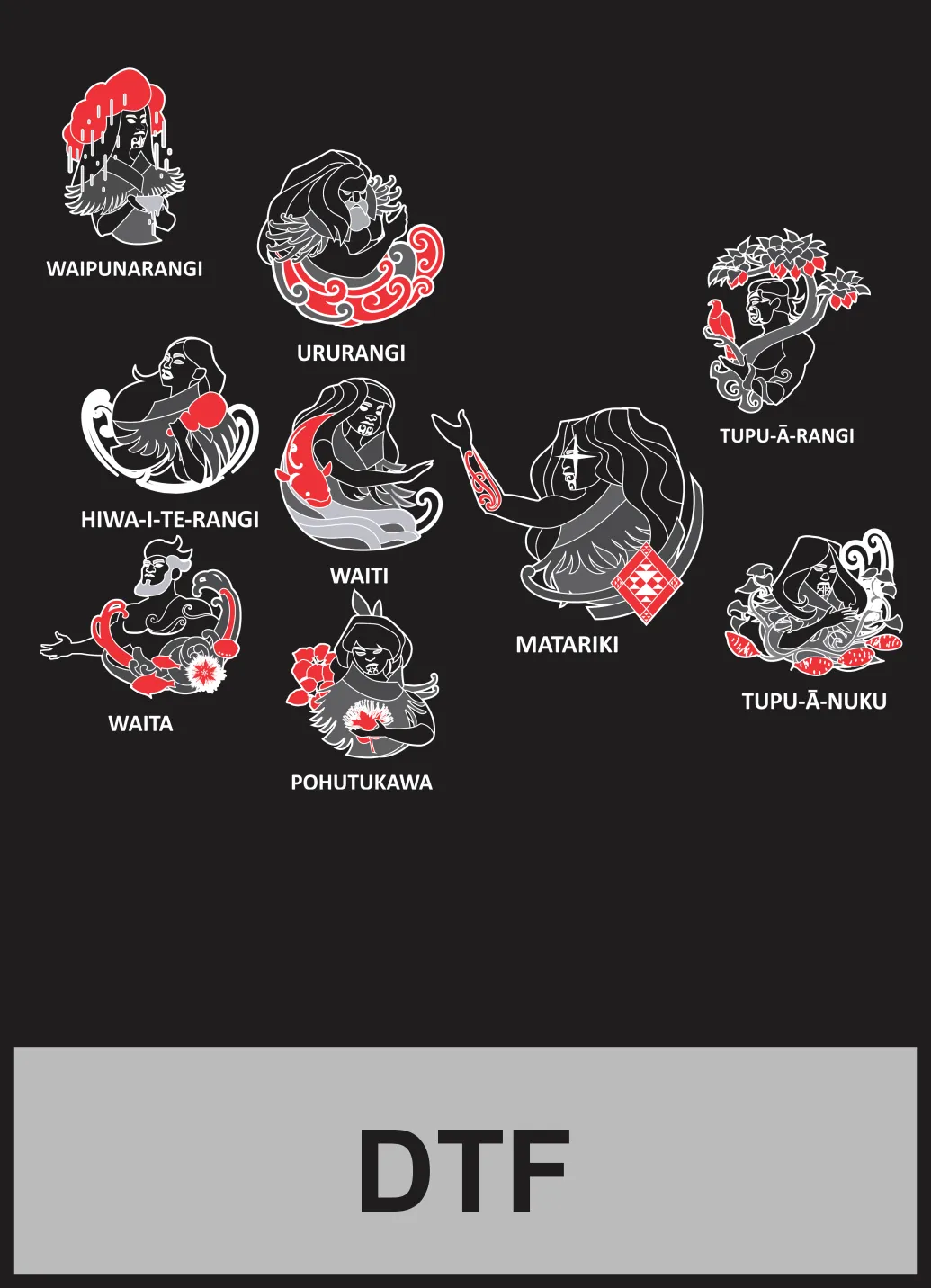 Nine illustrated Matariki figures labelled Waipunarangi, Ururangi, Tupu-ā-rangi, Hiwa-i-te-rangi, Waitī, Matariki, Waitā, Pōhutukawa and Tupu-ā-nuku