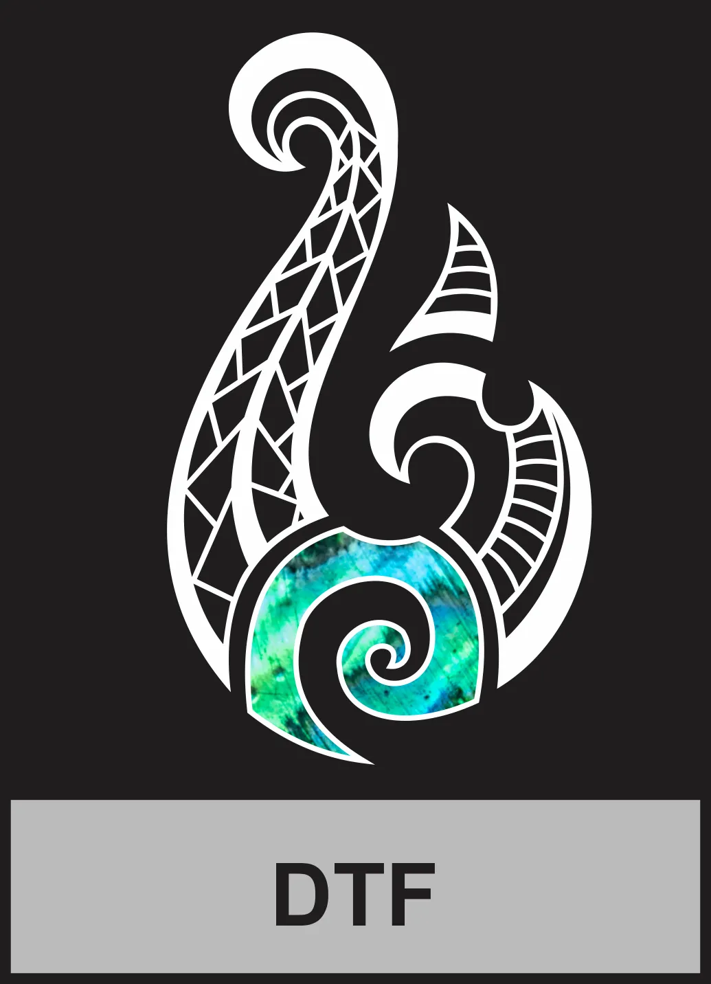 Large white abstract koru-style motif with turquoise spiral centre on black