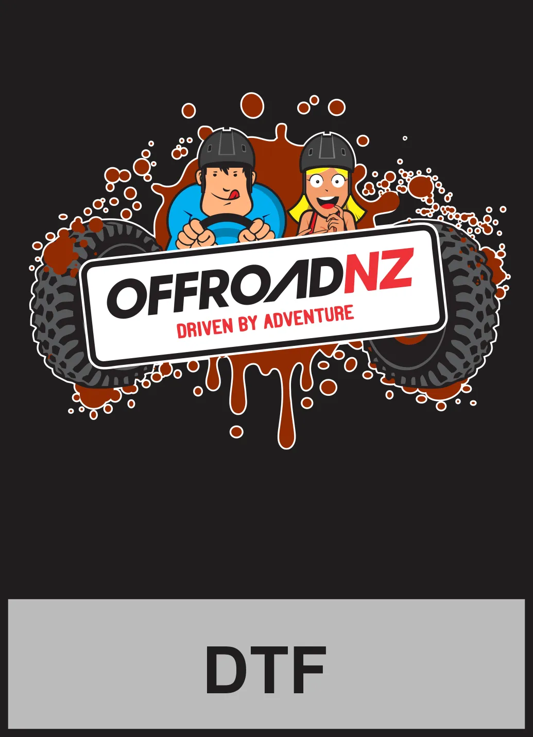 OffroadNZ Driven by Adventure logo with cartoon off-road riders, tyres and mud splashes