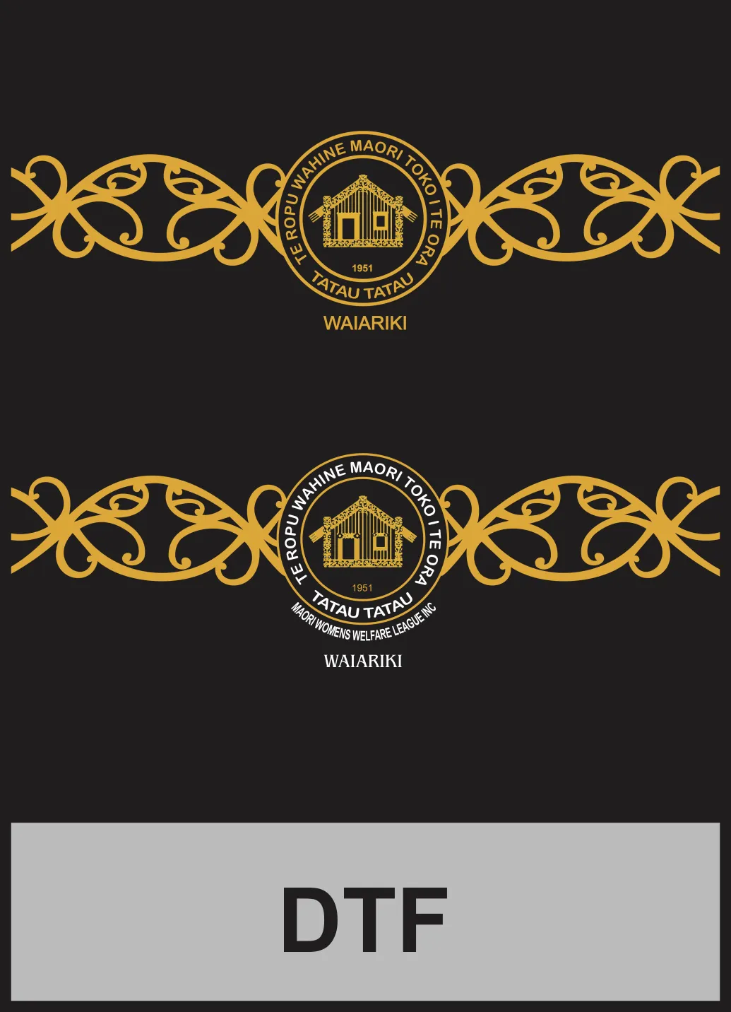Two gold ornamental logo designs for Te Rōpū Wāhine Māori Toko i te Ora Waiariki