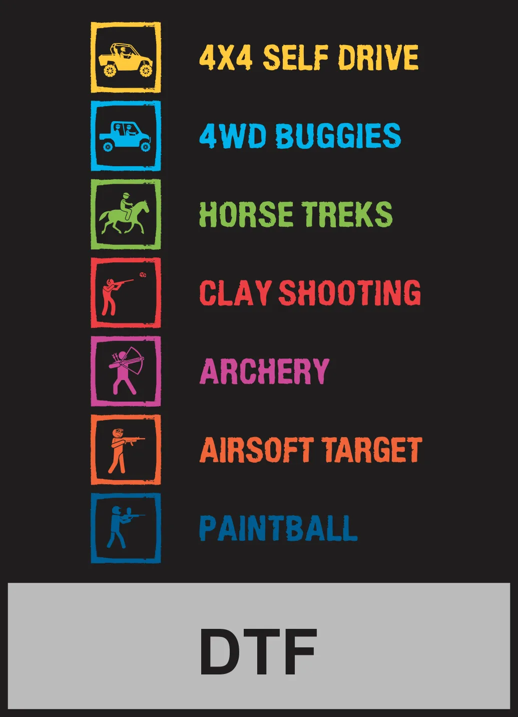 Colour-coded list of 4x4 self drive, 4WD buggies, horse treks, clay shooting, archery, airsoft target and paintball
