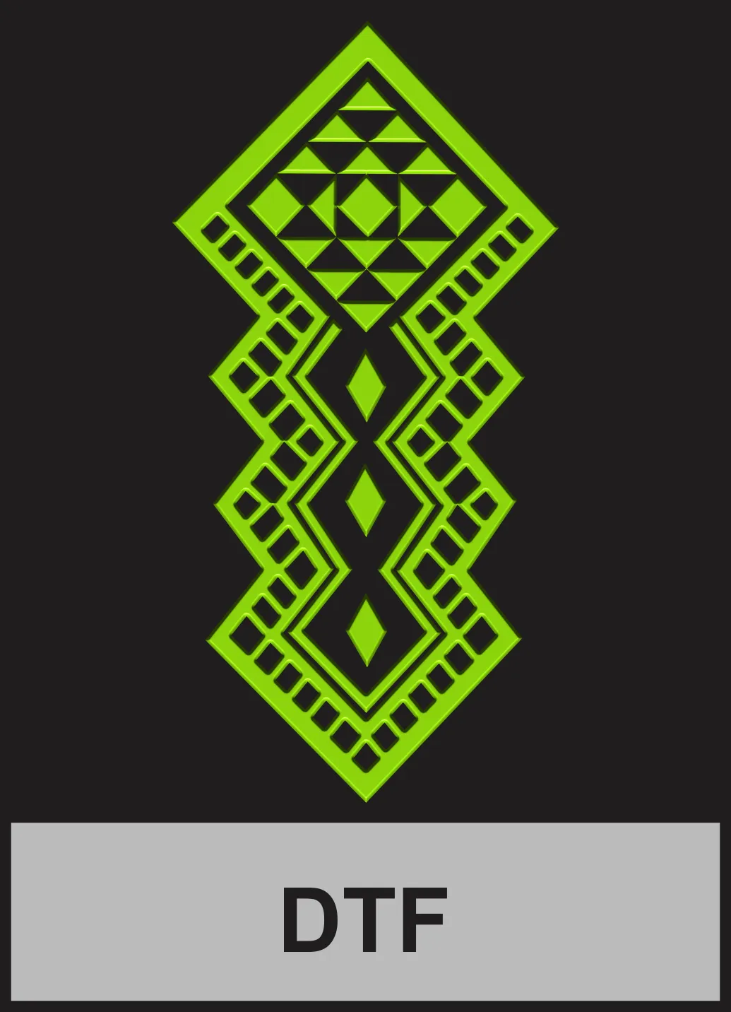 Bright green symmetrical geometric motif with diamond and stepped patterns on black