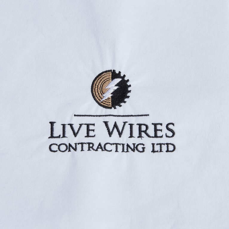 Live Wires Contracting Ltd logo embroidered in black, brown and white on white fabric