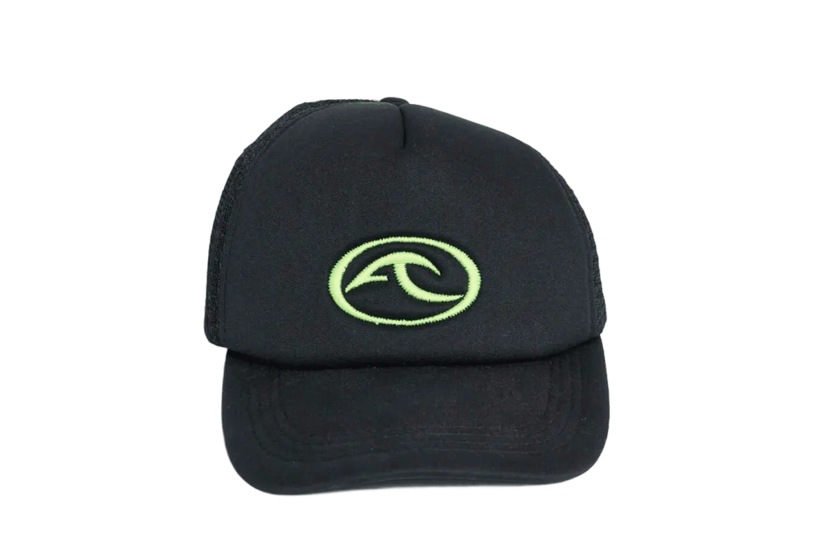 Black cap with bright green embroidered oval logo