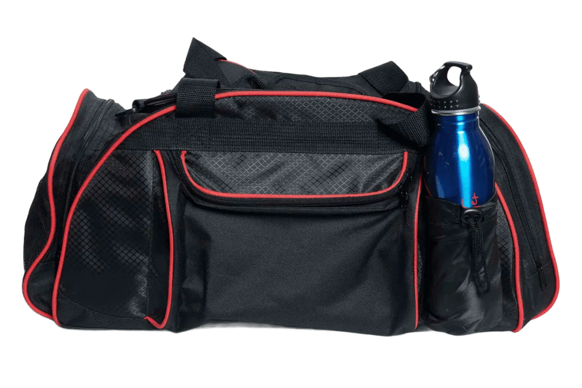 Black sports duffel bag with red trim and metallic blue branded drink bottle