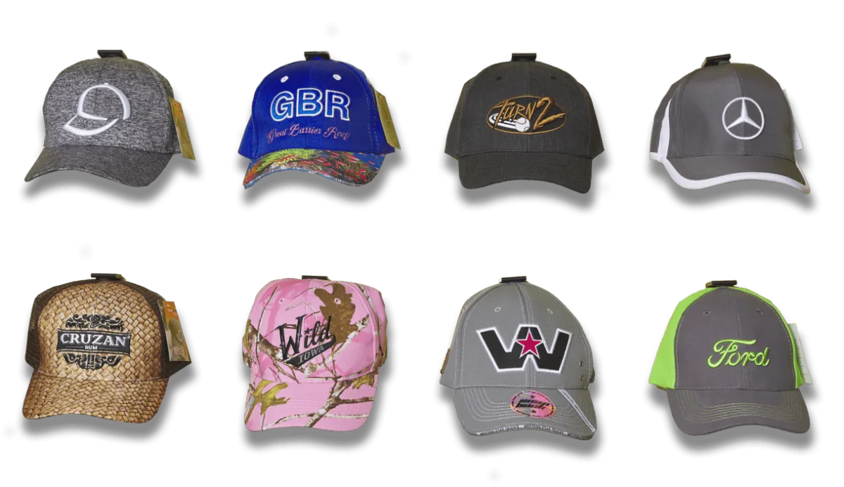 Eight assorted caps with embroidered logos in grey, blue, black, pink and green