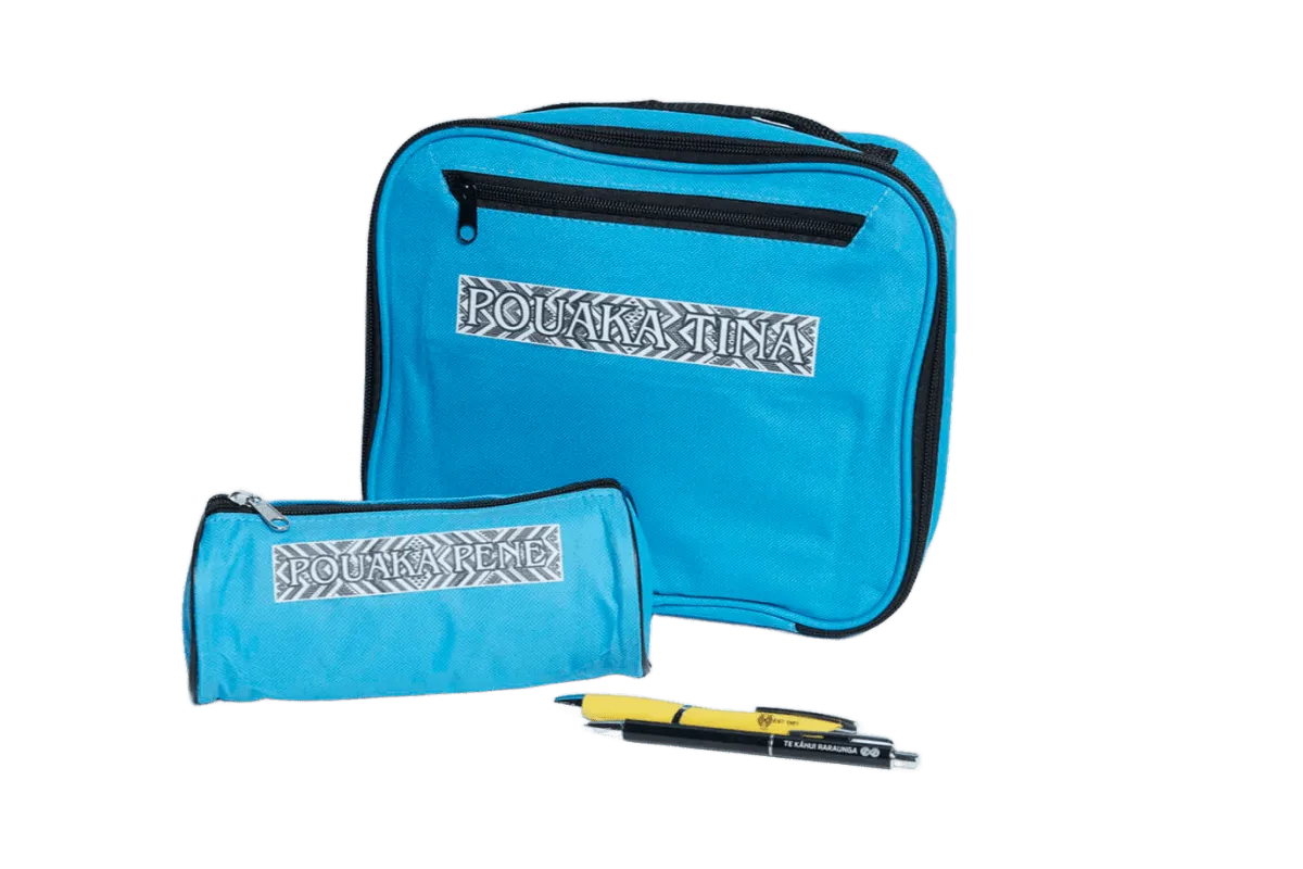 Blue branded lunch bag, matching pencil case and promotional pen