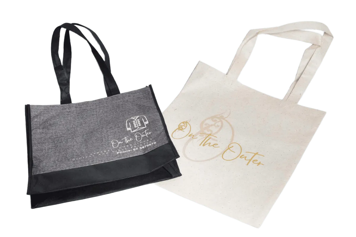 Grey reusable shopping bag and natural cotton tote with On the Outer branding
